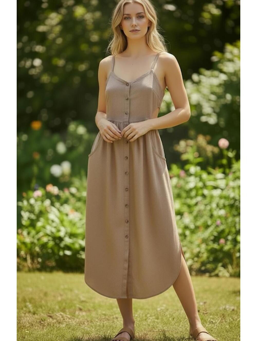 Susina Midi Sun Dress Buttons Adjustable Spaghetti Straps Cotton Size Small